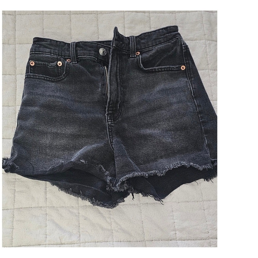 American Eagle Womens Black High Waisted Denim Shorts Raw Hem Size 2 Stretch